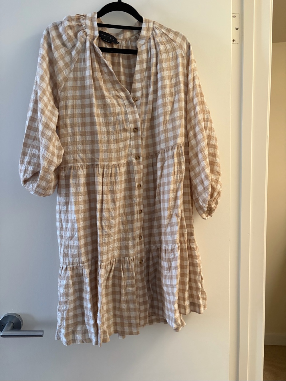 Hatch Tan and White Gingham Midi Button-Front Dress